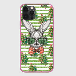 Чехол для iPhone 12 Pro Max Кролик в очках на фоне елок, цвет: 3D-малиновый