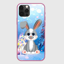 Чехол для iPhone 12 Pro Max Серый зайка на фоне елки, цвет: 3D-малиновый