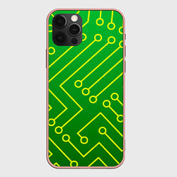 Чехол для iPhone 12 Pro Max Технический зелёный паттерн с жёлтыми лучами, цвет: 3D-светло-розовый