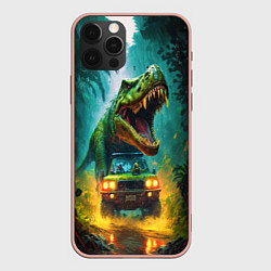 Чехол iPhone 12 Pro Max Тираннозавр преследует джип под дождем