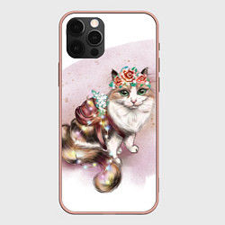 Чехол для iPhone 12 Pro Max Милая кошечка с цветами, цвет: 3D-светло-розовый