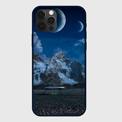 Чехол для iPhone 12 Pro Max Ночные горы в природе и небо с нло, цвет: 3D-черный