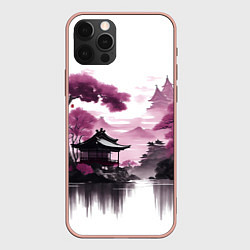 Чехол для iPhone 12 Pro Max Японские мотивы - фиолетовый, цвет: 3D-светло-розовый