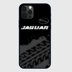 Чехол iPhone 12 Pro Max Jaguar speed на темном фоне со следами шин: символ