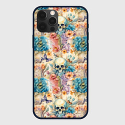 Чехол для iPhone 12 Pro Max Череп в цветах с бабочками узор, цвет: 3D-черный