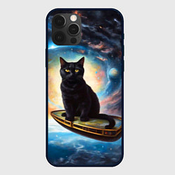 Чехол для iPhone 12 Pro Max Черный кот на космическом корабле летящий в космос, цвет: 3D-черный