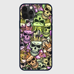 Чехол для iPhone 12 Pro Max Разноцветные черепа с короной паттерн, цвет: 3D-черный