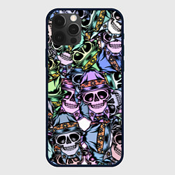 Чехол для iPhone 12 Pro Max Разноцветные черепа в кепке паттерн, цвет: 3D-черный