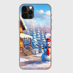 Чехол iPhone 12 Pro Max Новогодняя деревня и снеговик