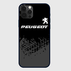 Чехол iPhone 12 Pro Max Peugeot speed на темном фоне со следами шин посере