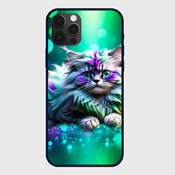 Чехол для iPhone 12 Pro Max Пушистый котенок в бирюзово фиолетовом боке, цвет: 3D-черный