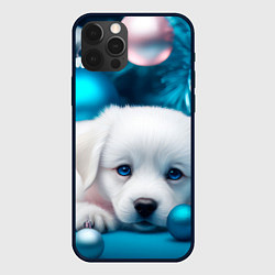 Чехол для iPhone 12 Pro Max Белый щенок с розовыми и голубыми шариками, цвет: 3D-черный