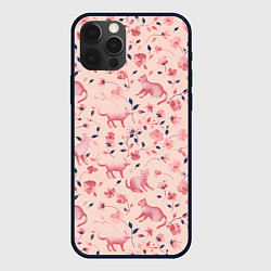 Чехол для iPhone 12 Pro Max Розовый паттерн с цветами и котиками, цвет: 3D-черный