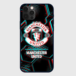 Чехол для iPhone 12 Pro Max Manchester United FC в стиле glitch на темном фоне, цвет: 3D-черный