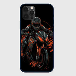 Чехол для iPhone 12 Pro Max Мотоциклист оранжевые кляксы, цвет: 3D-черный
