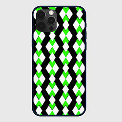 Чехол для iPhone 12 Pro Max Зелёные и белые ромбы на чёрном фоне, цвет: 3D-черный