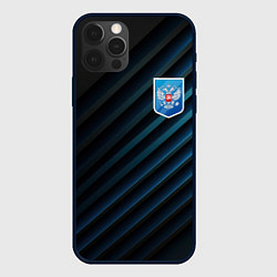 Чехол для iPhone 12 Pro Max Синяя абстракция и герб России, цвет: 3D-черный