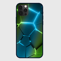 Чехол для iPhone 12 Pro Max Сине-зеленые неоновые плиты в разломе, цвет: 3D-черный