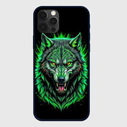 Чехол для iPhone 12 Pro Max Морда волка в зеленом свете, цвет: 3D-черный