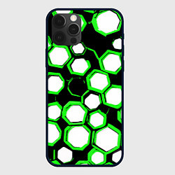 Чехол для iPhone 12 Pro Max Бело-зелёные шестиугольники на чёрном фоне, цвет: 3D-черный