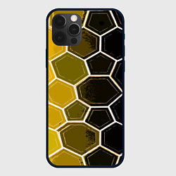 Чехол для iPhone 12 Pro Max Белые шестиугольники на чёрно-жёлтом фоне, цвет: 3D-черный