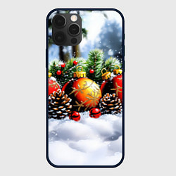 Чехол для iPhone 12 Pro Max Красные и желтый новогодние шары, цвет: 3D-черный