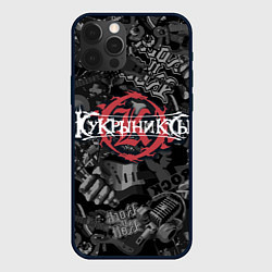 Чехол для iPhone 12 Pro Max Кукрыниксы логотип на фоне гитар, цвет: 3D-черный