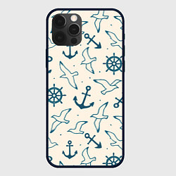 Чехол для iPhone 12 Pro Max Морской паттерн из штурвалов, чаек и якорей, цвет: 3D-черный