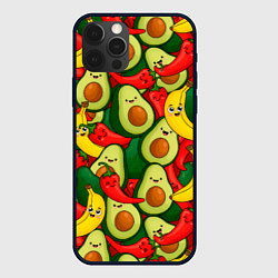Чехол iPhone 12 Pro Max Авокадо, бананы, перцы чили улыбаются - паттерн фр