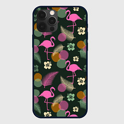 Чехол для iPhone 12 Pro Max Фламинго и листья на темно-зеленом, цвет: 3D-черный