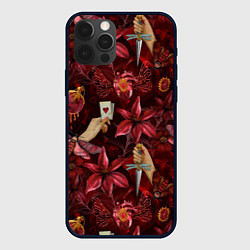 Чехол для iPhone 12 Pro Max Бордовая готика с сердцем, лилиями и мотыльками, цвет: 3D-черный