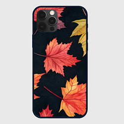Чехол iPhone 12 Pro Max Кленовые листья на черном - акварельный паттерн