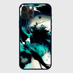 Чехол для iPhone 12 Pro Max Чёрный с бирюзовым абстракция тёмные краски, цвет: 3D-черный