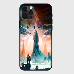 Чехол для iPhone 12 Pro Stellaris космические корабли на фоне башни, цвет: 3D-черный