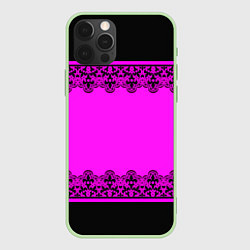 Чехол для iPhone 12 Pro Черное кружево на неоновом розовом фоне, цвет: 3D-салатовый