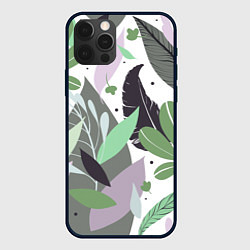 Чехол для iPhone 12 Pro Зелёные, серые, голубые, сиреневые листья на белом, цвет: 3D-черный