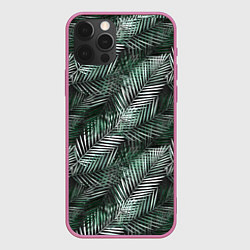 Чехол для iPhone 12 Pro Листья пальмы на черном, цвет: 3D-малиновый