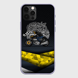 Чехол для iPhone 12 Pro Мотоциклист с финишным флагом в клетку, цвет: 3D-светло-сиреневый