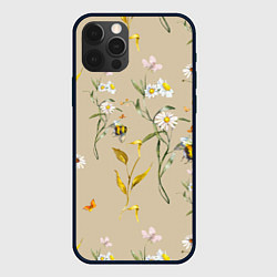 Чехол для iPhone 12 Pro Нарисованные Цветы Ромашки и Пчёлы, цвет: 3D-черный