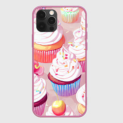 Чехол для iPhone 12 Pro Много сладких капкейков, цвет: 3D-малиновый
