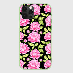Чехол для iPhone 12 Pro Розовые пионы на черном, цвет: 3D-салатовый