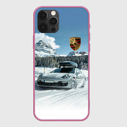 Чехол для iPhone 12 Pro Porsche on a mountain winter road, цвет: 3D-малиновый