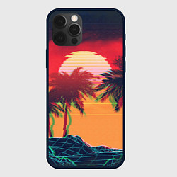 Чехол для iPhone 12 Pro Пальмы и пляж на закате с помехами VHS ретро дизай, цвет: 3D-черный