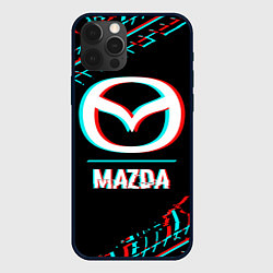 Чехол для iPhone 12 Pro Значок Mazda в стиле glitch на темном фоне, цвет: 3D-черный