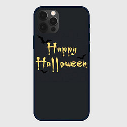 Чехол для iPhone 12 Pro Happy Halloween надпись с летучими мышами, цвет: 3D-черный