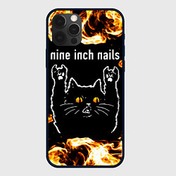 Чехол для iPhone 12 Pro Nine Inch Nails рок кот и огонь, цвет: 3D-черный