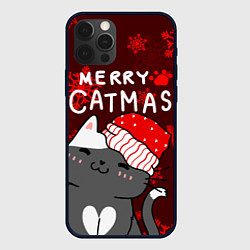 Чехол для iPhone 12 Pro Новогодние снежинк и котик в шапочке, цвет: 3D-черный