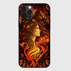 Чехол для iPhone 12 Pro Девушка в стиле ар-нуво с огнем и осенними листьям, цвет: 3D-черный