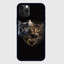 Чехол для iPhone 12 Pro Влюбленные кот и кошка с сердечками, цвет: 3D-черный