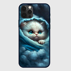 Чехол для iPhone 12 Pro Котик в одеяльце в облаках, цвет: 3D-черный